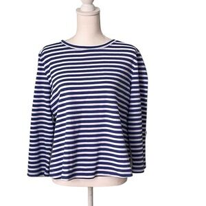 T by TALBOTS Top Womens XLp Blue White Striped Roll Tab 3/4 Sleeve Waffle Knit